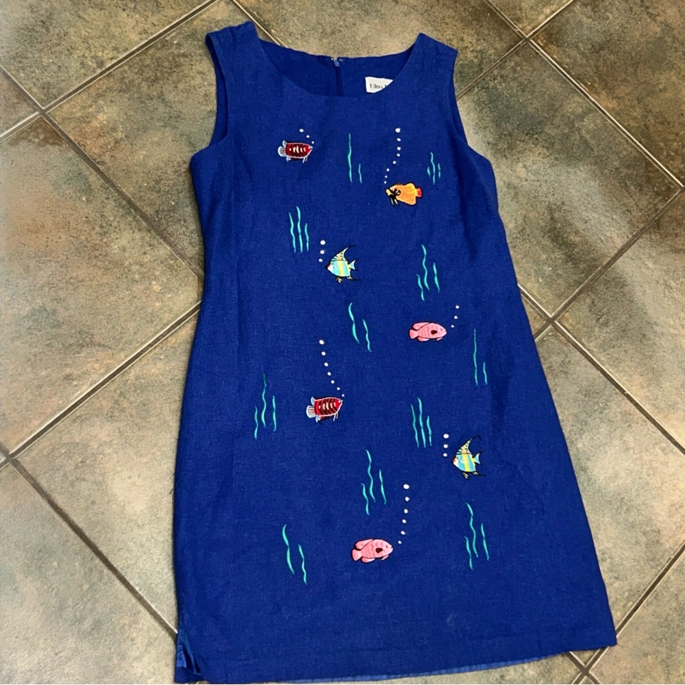Vintage Ultra Dress New York Blue Sleeveless Dress with Fish Embroidery linen